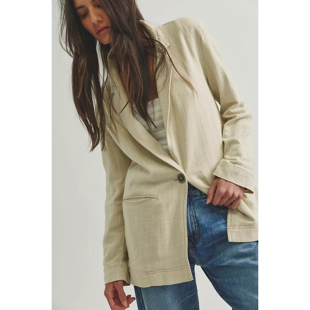 Free People We The Free Becket Boyfriend Blazer Stone Jacket Oversized Linen XL